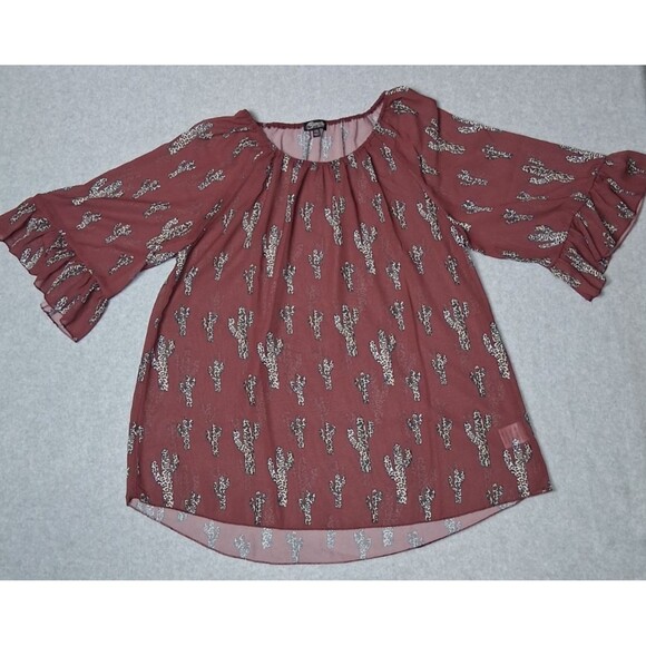 Cowgirl Hardware Tops - Cowgirl Hardware 3/4 Flutter Sleeve Sheer Blouse XXL Brown Leopard Catus Western